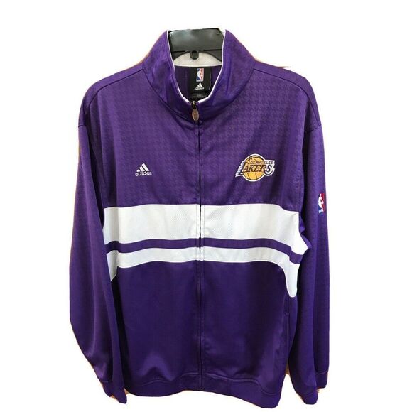 Adidas LOS ANGELES LAKERS PURPLE WHITE WARMUP CLIMALITE JACKET MEN M Full Zip - Picture 1 of 13